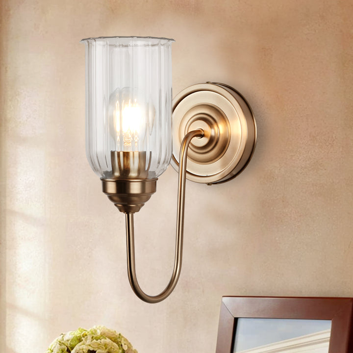 Antique Gooseneck Brass Sconce with Clear Fluted Glass, Gold Wall Mounted Lamp Beside Mirror, Wet-rated Wall Light for Bathroom, Stairs, Kitchen, Hallway, Fireplace (E26 Base)