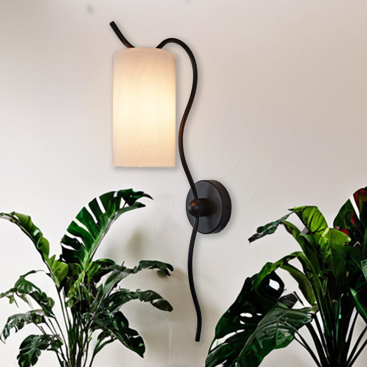 Mid-Century Single Light Wall Sconce with White Linen Shade, Industrial Wall Mounted Lamp with Wavy Black Forged Iron Arm, Hardwired Night Light for Bedroom, Living Room, Hallway