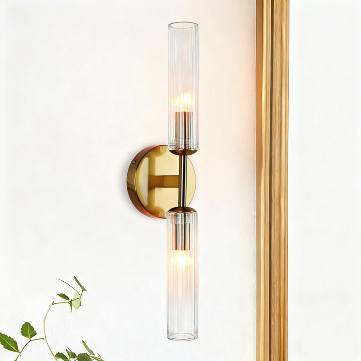 Antique Bronze Double Tube Sconce with Ribbed Glass Shades and Cylindrical Design for Durable Indoor Lighting