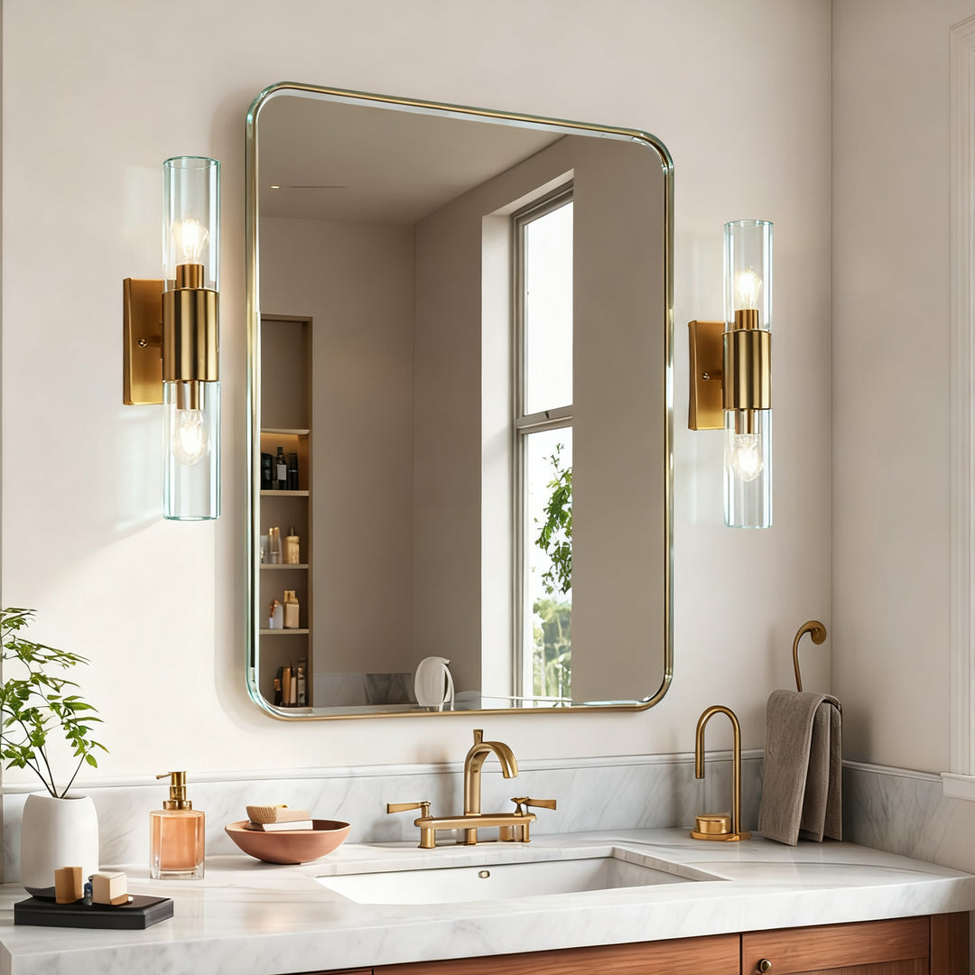 Rustic Geometric Design Double Tube Wall Sconce - Damp Rated Hand-Cut Glass Fixture for Bathroom, Bedroom Wall Sconces, and Wall Lamps