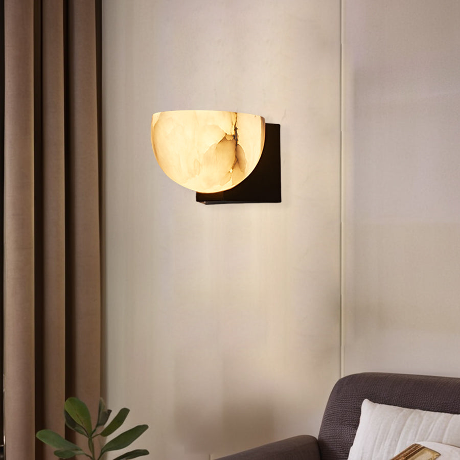 Engraved Elegance Alabaster Sconce: Handcarved Alabaster Wall Light with Globe-like Contours and Burnished Brass for Living Room, Kitchen, or Bedroom Wall Lighting