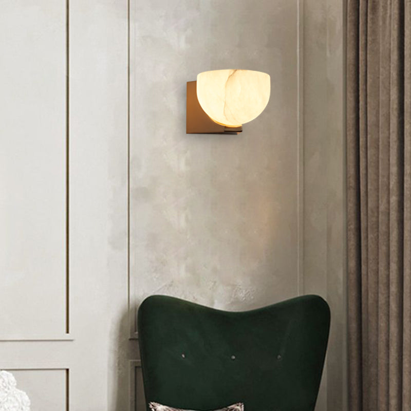 Engraved Elegance Alabaster Sconce: Handcarved Alabaster Wall Light with Globe-like Contours and Burnished Brass for Living Room, Kitchen, or Bedroom Wall Lighting