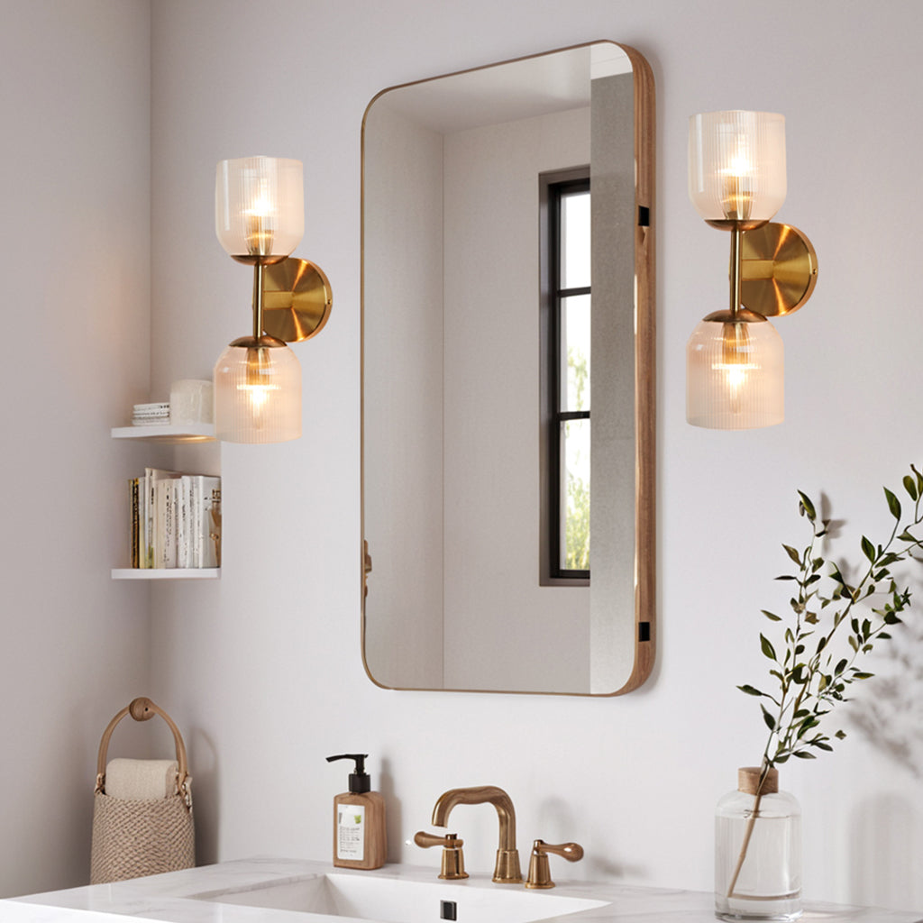 Antique Bronze Double Sconce with Ribbed Glass Shades and Bell-Shaped Design for Durable Indoor Lighting