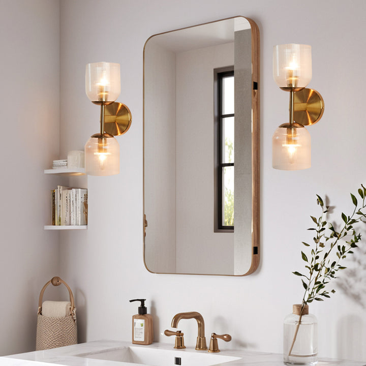 Antique Bronze Double Sconce with Ribbed Glass Shades and Bell-Shaped Design for Durable Indoor Lighting