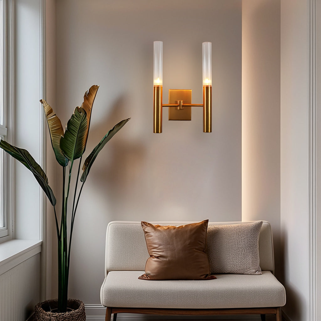 Mid-Century Modern Wall Sconce with Vintage Brass Finish and Ribbed Glass Shades - Ideal for Bathroom and Modern Living Room Fixtures