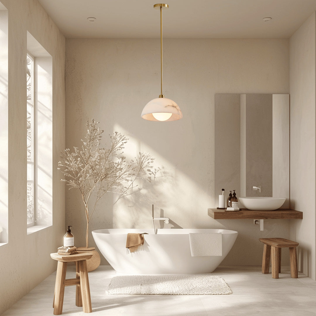 Elegant Alabaster Refinement Pendant - Natural Alabaster with Steel and Tumbled Brass - Ideal Hanging Light Fixture for Bedroom, Perfect Pendant Light for All Your Bedroom Needs
