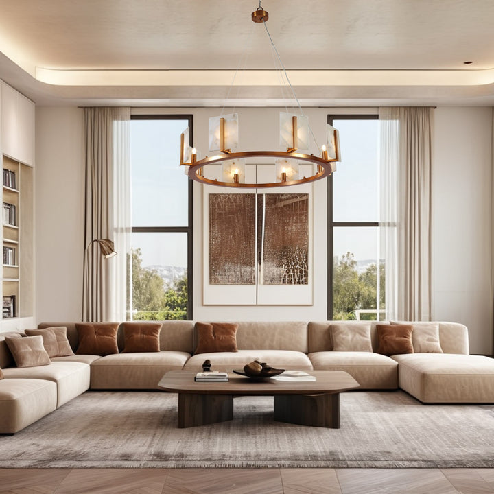 Modern Alabaster Chandelier with Antique Brass Finish - Adjustable Height for Dining Area Lighting, Ideal for Dining Room and Modern Living Room Fixtures
