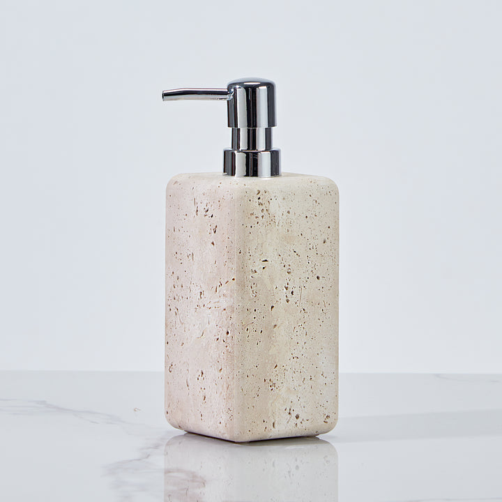 Nature's Touch Travertine Bath Accessories with Organic Edge and Unique Variations for Rustic Bathroom Decor