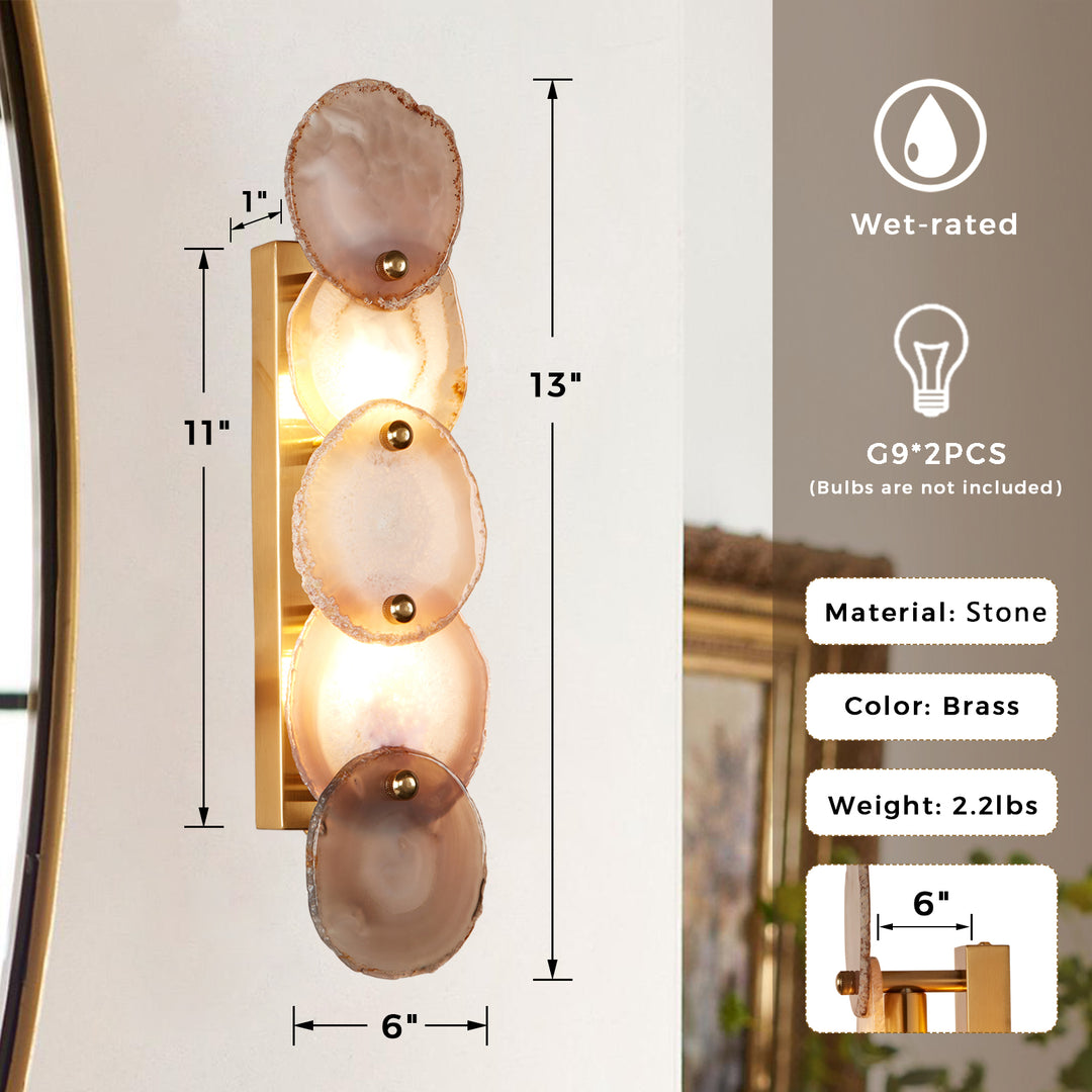 Agate Glow Artistry Sconce: Natural Agate Stone with Organic Glow and Brass Accents for Living Room, Bedroom, or Kitchen Wall Lighting