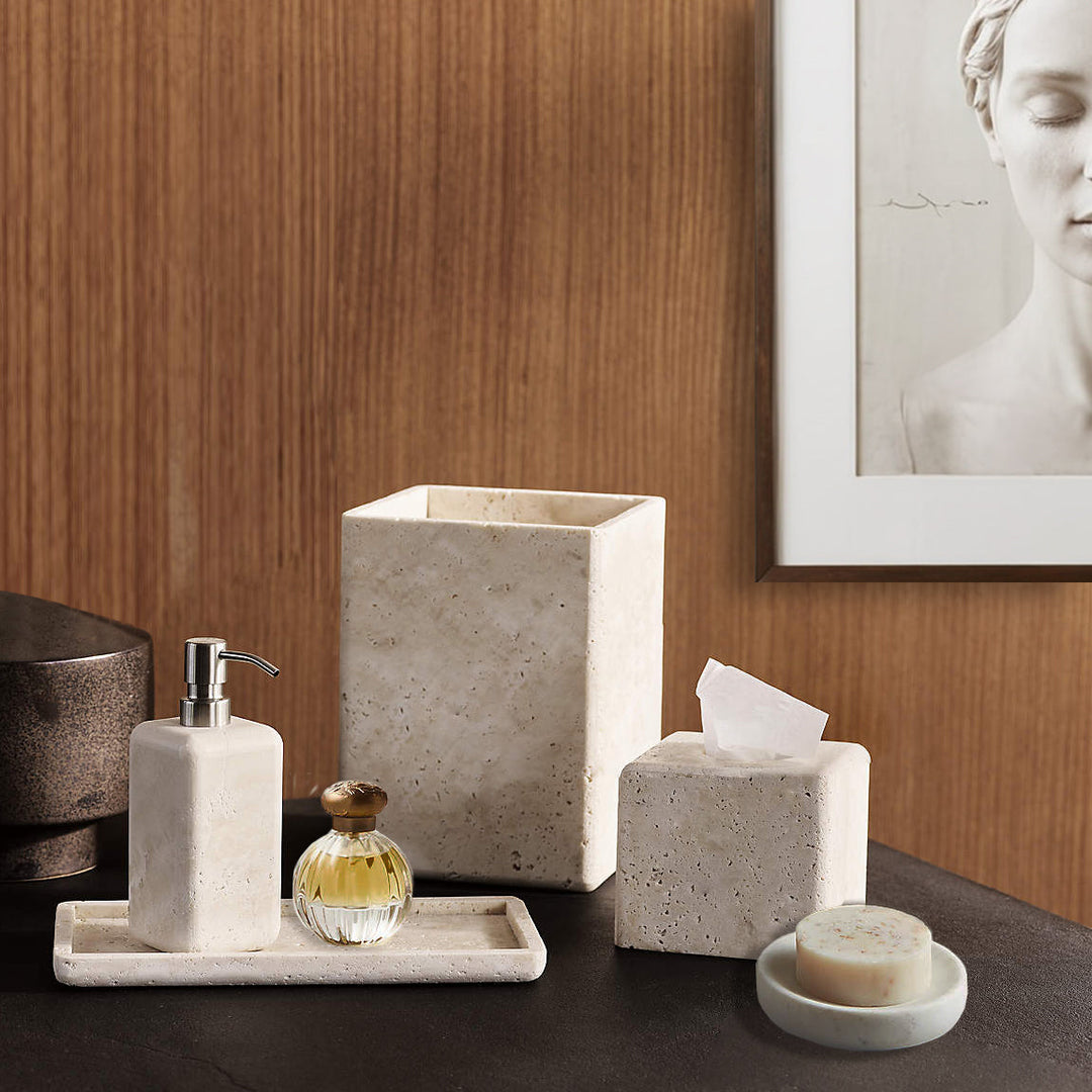 Nature's Touch Travertine Bath Accessories with Organic Edge and Unique Variations for Rustic Bathroom Decor