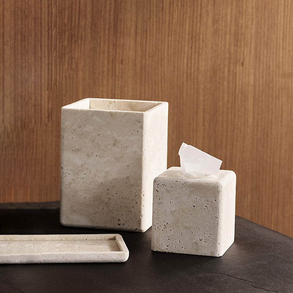 Nature's Touch Travertine Bath Accessories with Organic Edge and Unique Variations for Rustic Bathroom Decor