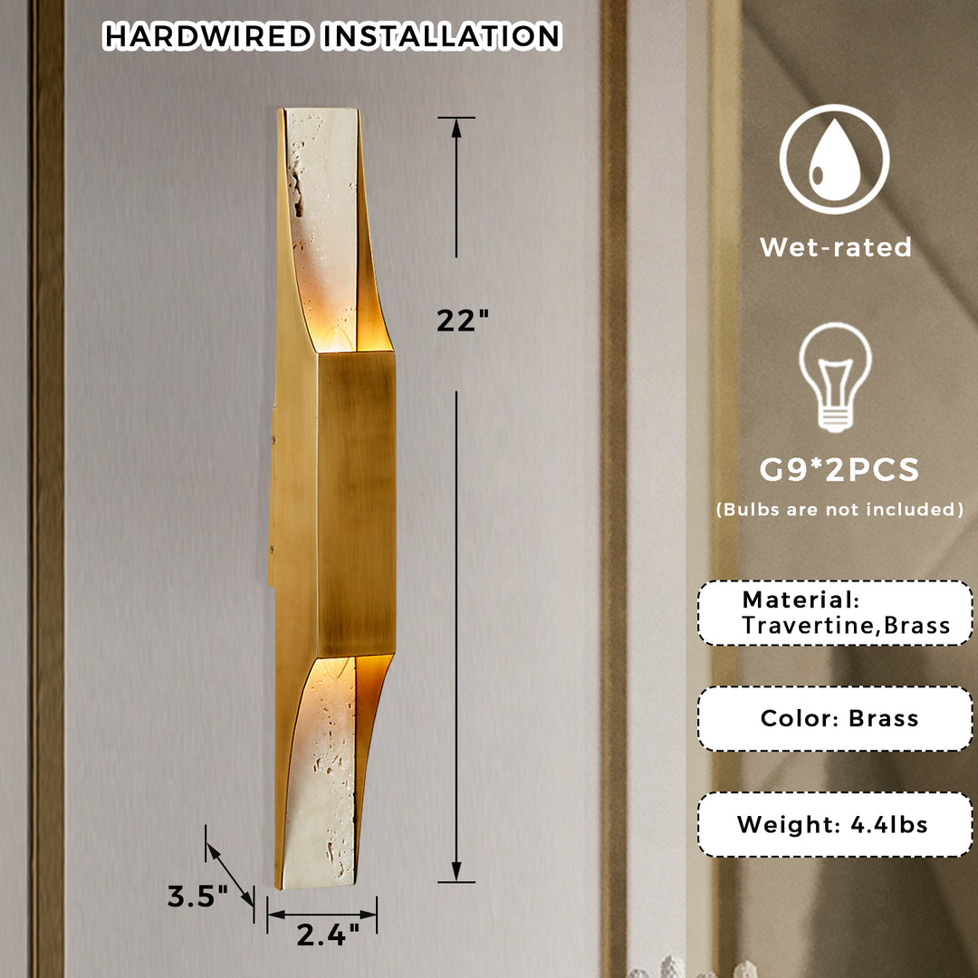 Travertine Glow Double Wall Sconce - Elegant Brushed Brass and Metal Plate Design for Living Room