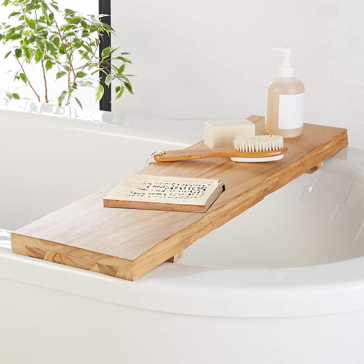 Rustic Teak Wood Bath Caddy Rack with Adjustable Track and Unique Live Edges for Elegant Bathroom Accessories