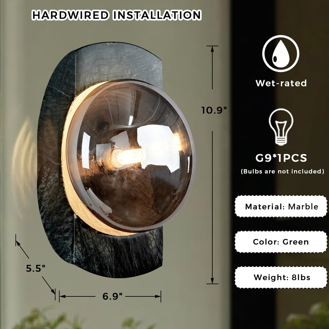 Smoked Luster Veining Globe Wall Sconce - Unique Fixture with Solid Green Marble and Smoked Luster Glass Globe, Featuring Variation in Veining - Ideal for Wall Sconce, Wall Lights, and Exterior Wall Lights