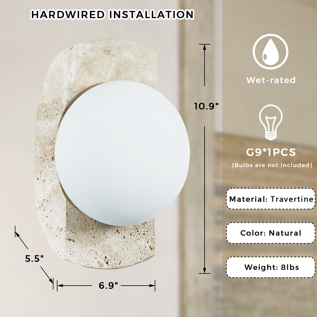 Travertine Opaline Wall Sconce with Unlacquered Brass Accents - Featuring Travertine and Opaline Glass - Perfect for Wall Sconce, Wall Lights, and Outdoor Wall Lamp