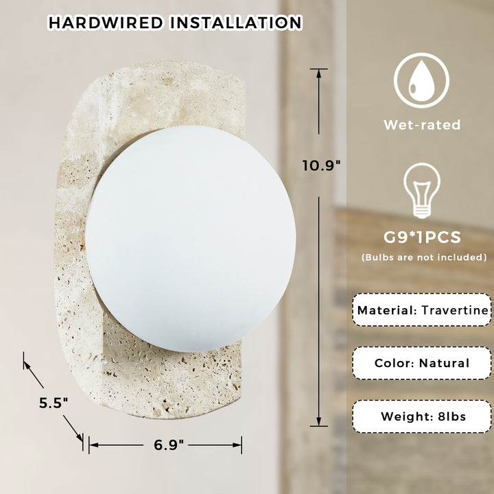 Travertine Opaline Wall Sconce with Unlacquered Brass Accents - Featuring Travertine and Opaline Glass - Perfect for Wall Sconce, Wall Lights, and Outdoor Wall Lamp