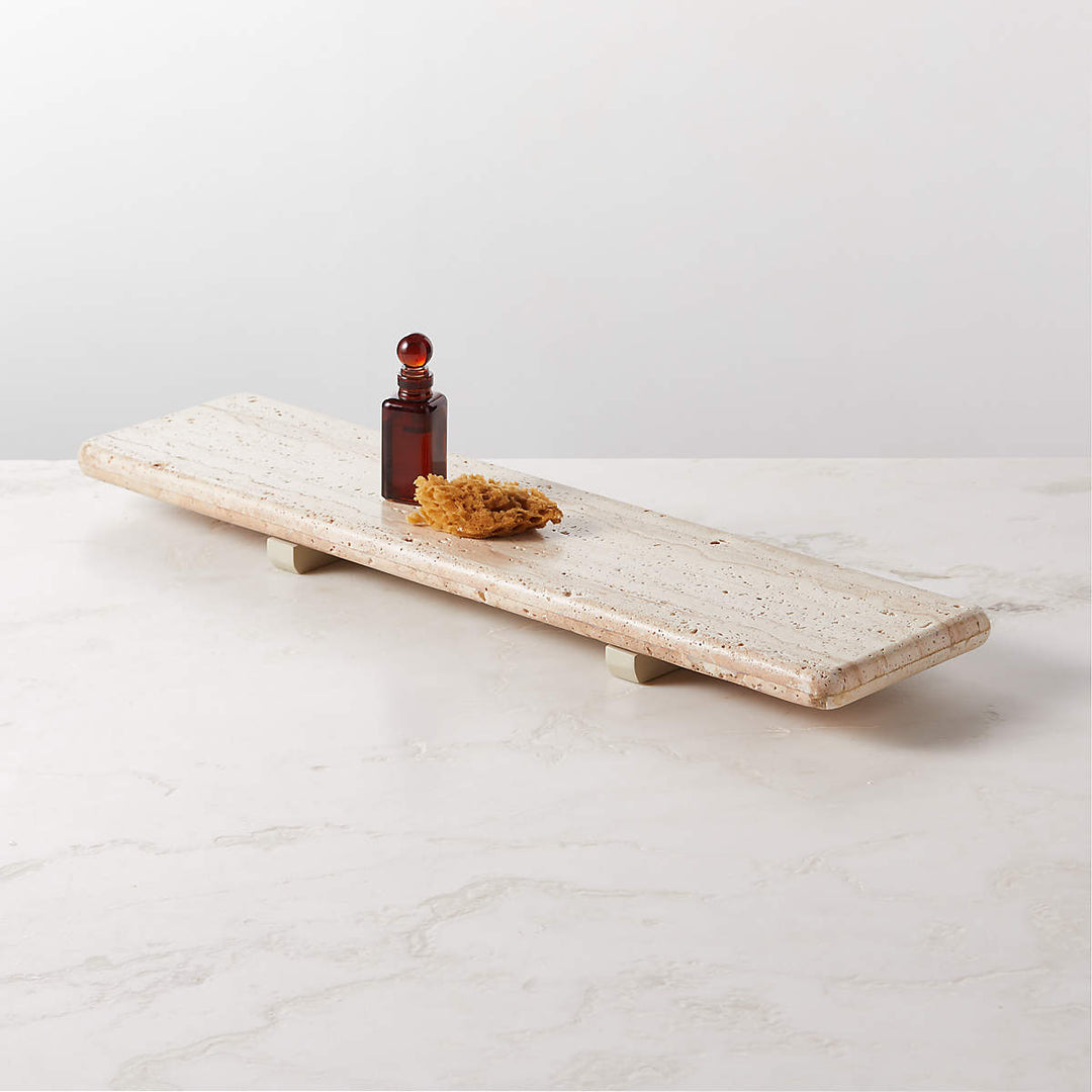 Nature's Touch Travertine Bath Accessories with Organic Edge and Unique Variations for Rustic Bathroom Decor