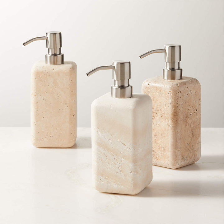 Nature's Touch Travertine Bath Accessories with Organic Edge and Unique Variations for Rustic Bathroom Decor