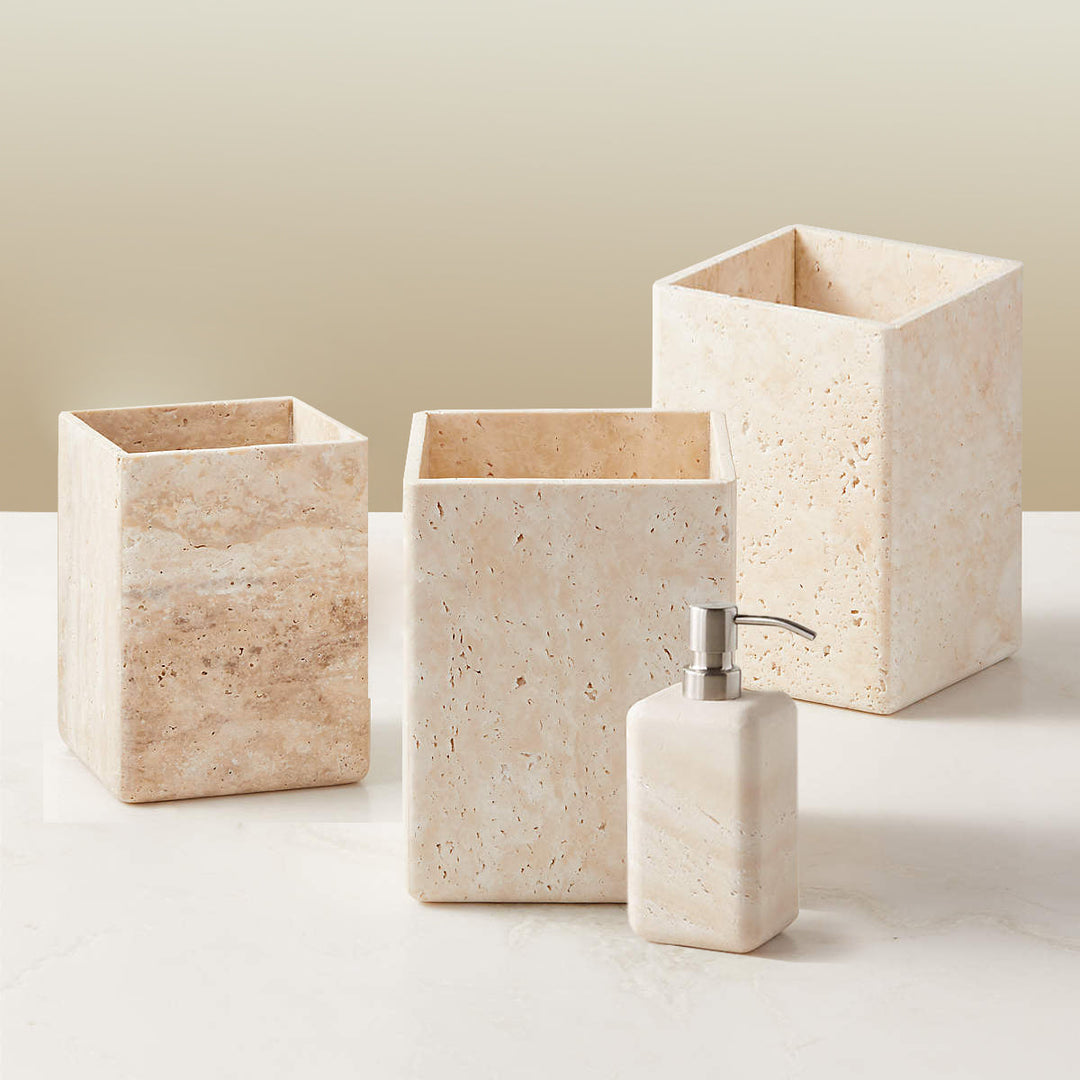 Nature's Touch Travertine Bath Accessories with Organic Edge and Unique Variations for Rustic Bathroom Decor