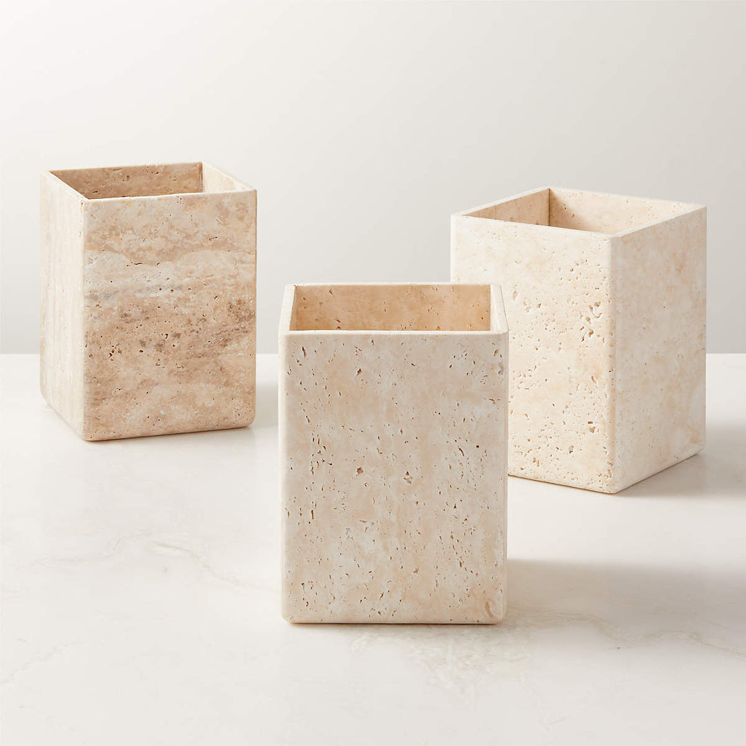 Nature's Touch Travertine Bath Accessories with Organic Edge and Unique Variations for Rustic Bathroom Decor