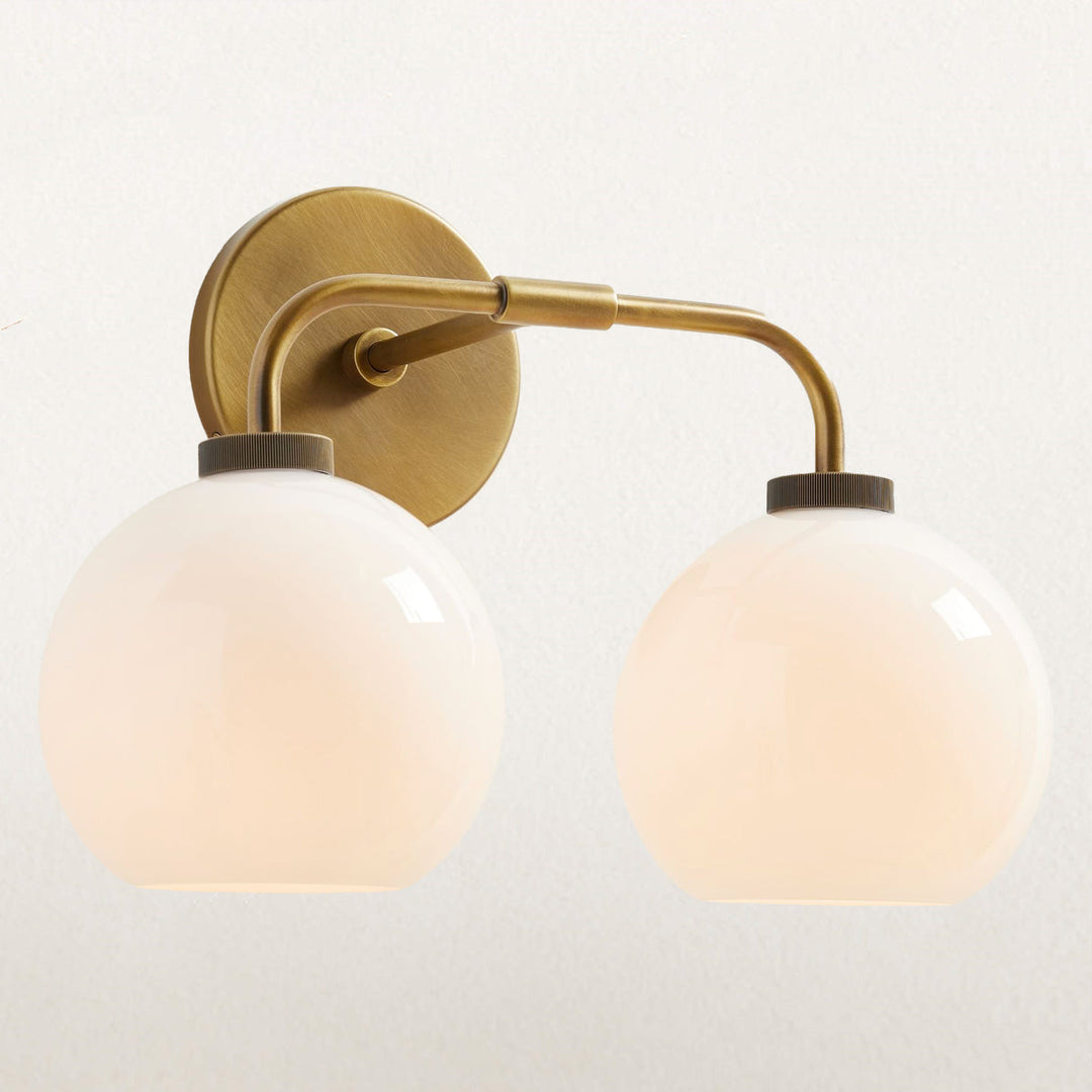 Globe Shade Matte Finish with Brass Accents Double Light Sconce - Elegant Blown Glass and Steel Frame, Bathroom Sconce