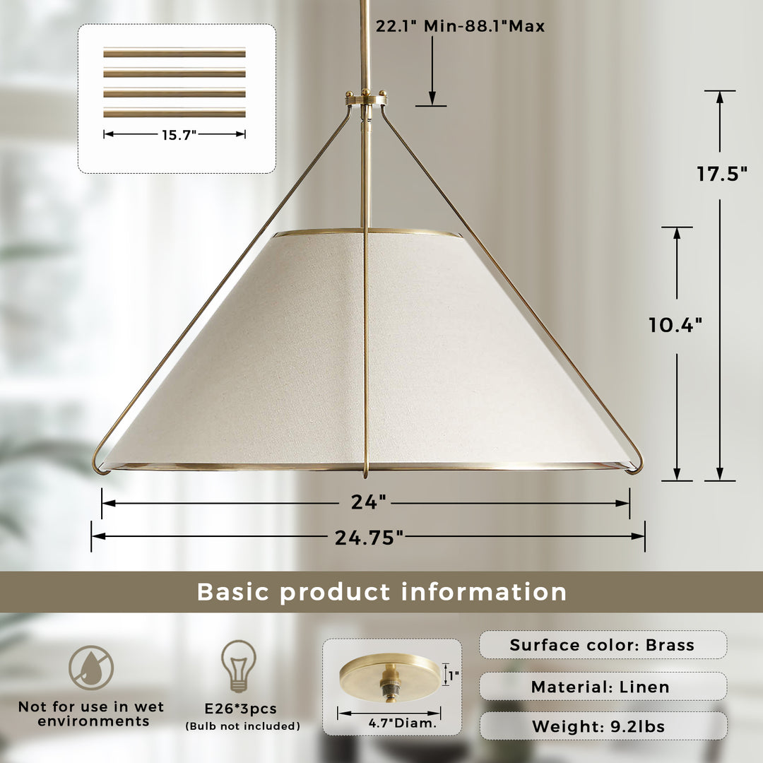 Linen Glow Brass Pendant Light - Modern Design with Burnished Brass Finish and Natural Linen Shade for Soft Lighting - Perfect for Living Room, Kitchen