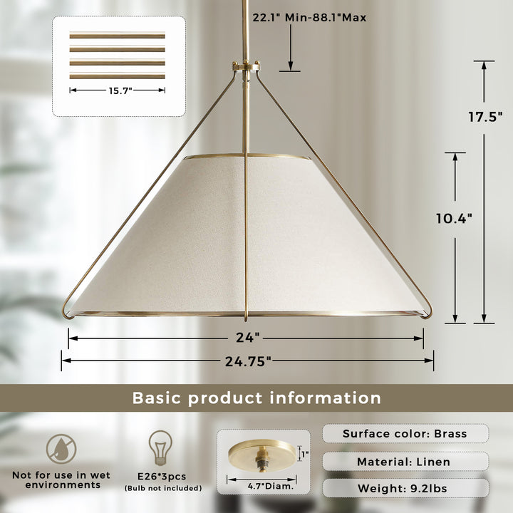 Linen Glow Brass Pendant Light - Modern Design with Burnished Brass Finish and Natural Linen Shade for Soft Lighting - Perfect for Living Room, Kitchen