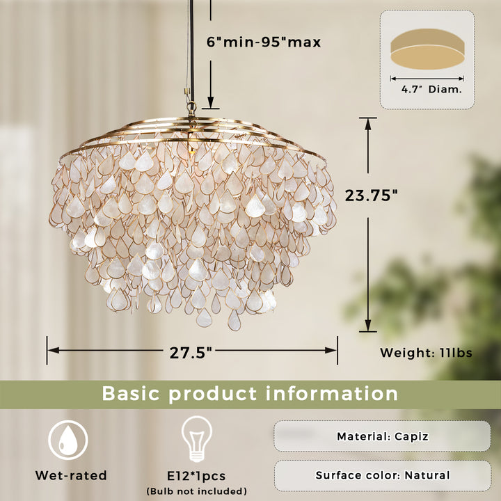 Handcrafted Capiz Shell Chandelier - Artisanal Design with Brass Finish and Versatile Sizing - Stunning Light Fixture for Dining Room or Living Room