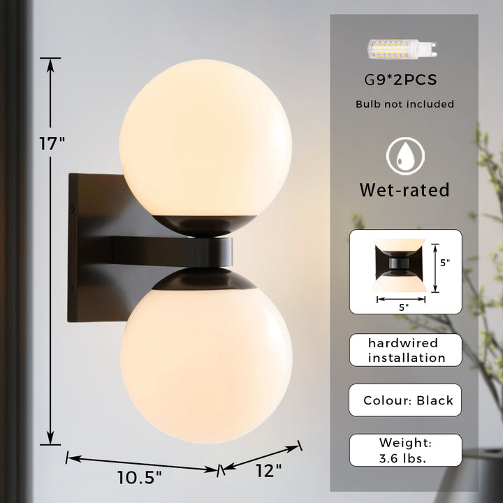 Globe Shade Matte Finish with Brass accents Double Light Sconce-Blown glass and steel frame for Bathroom, Outdoor