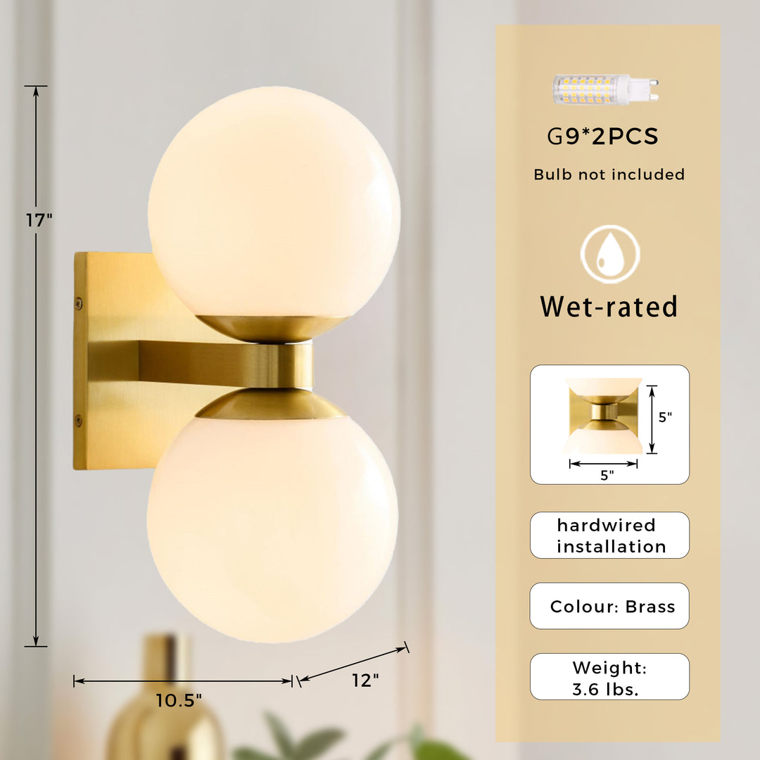 Globe Shade Matte Finish with Brass accents Double Light Sconce-Blown glass and steel frame for Bathroom, Outdoor