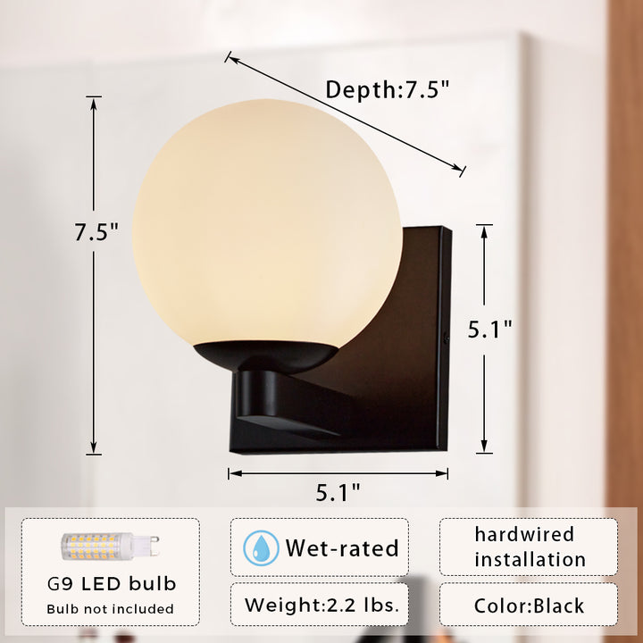 Globe Shade Matte Finish with Brass Accents Single Light Sconce - Blown Glass and Steel Frame for Outdoor, Living Room