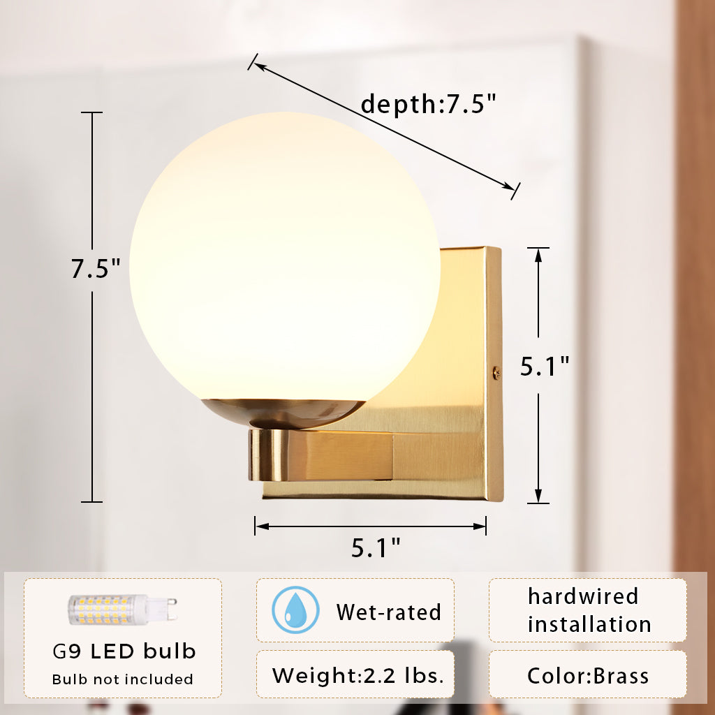 Globe Shade Matte Finish with Brass Accents Single Light Sconce - Blown Glass and Steel Frame for Outdoor, Living Room