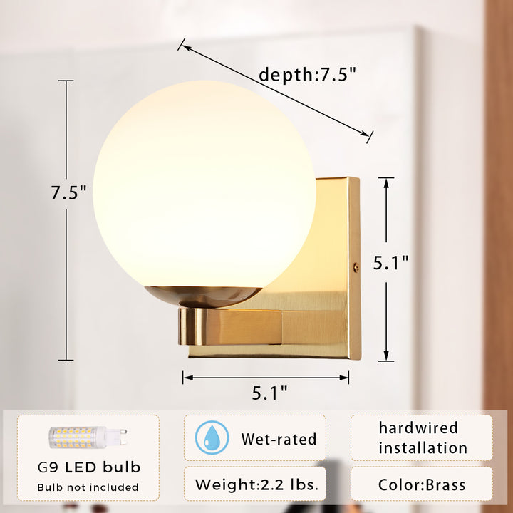 Globe Shade Matte Finish with Brass Accents Single Light Sconce - Blown Glass and Steel Frame for Outdoor, Living Room