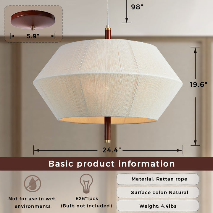 Contemporary Boho Oak Natural Cotton Weaved Pendant Light - Stylish White Oak with Cotton Rope Shade for Dining Room