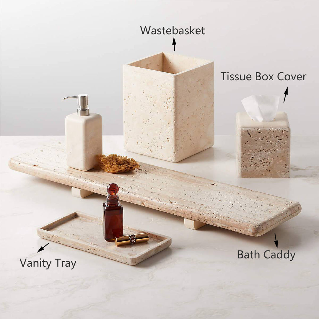 Nature's Touch Travertine Bath Accessories with Organic Edge and Unique Variations for Rustic Bathroom Decor