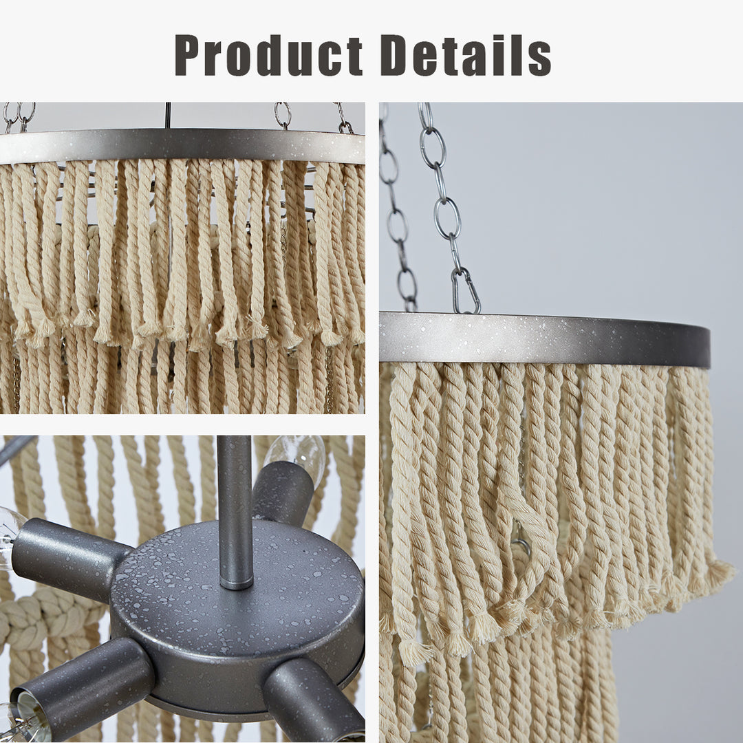 Boho 3-Tiered Fringe Chandelier, Mediterranean Tassel Pendant Light with Decorative Rope, Coastal Farmhouse Hanging Light for Living Room, Dining Room, Bedroom