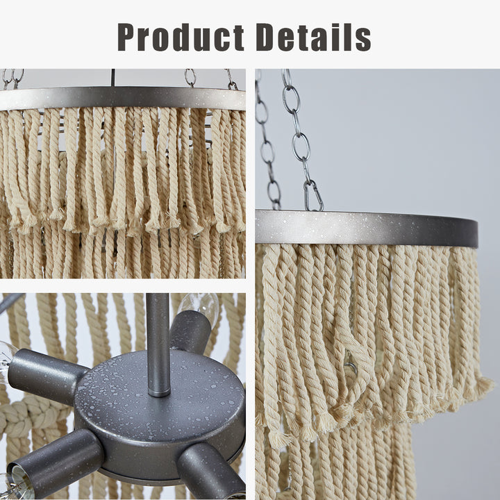 Boho 3-Tiered Fringe Chandelier, Mediterranean Tassel Pendant Light with Decorative Rope, Coastal Farmhouse Hanging Light for Living Room, Dining Room, Bedroom