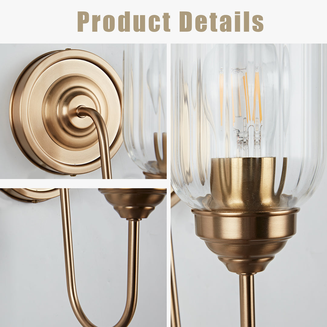 Antique Gooseneck Brass Sconce with Clear Fluted Glass, Gold Wall Mounted Lamp Beside Mirror, Wet-rated Wall Light for Bathroom, Stairs, Kitchen, Hallway, Fireplace (E26 Base)
