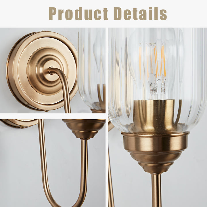 Antique Gooseneck Brass Sconce with Clear Fluted Glass, Gold Wall Mounted Lamp Beside Mirror, Wet-rated Wall Light for Bathroom, Stairs, Kitchen, Hallway, Fireplace (E26 Base)