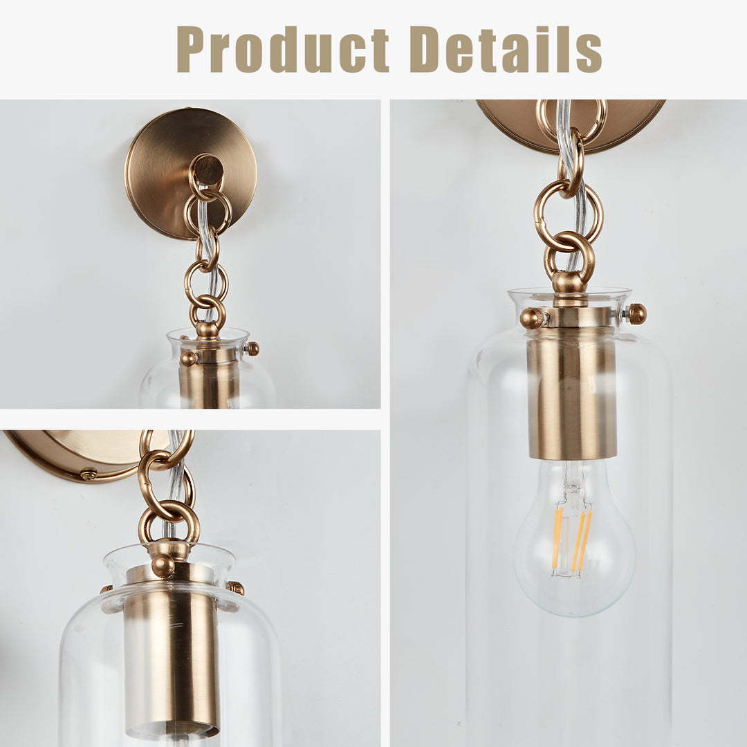 Aged Brass Sconce Wall Lamp, Retro Wall Mounted Lighting with Clear Glass Tube, Decorative Wall Light Fixture for Living Room, Bedroom, Hallway, Kitchen, Staircase