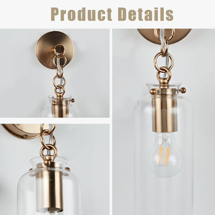 Aged Brass Sconce Wall Lamp, Retro Wall Mounted Lighting with Clear Glass Tube, Decorative Wall Light Fixture for Living Room, Bedroom, Hallway, Kitchen, Staircase