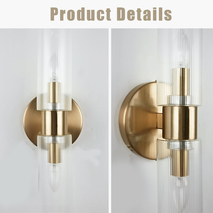 Modern 2-Light Wall Sconce with Clear Fluted Glass, Asymmetrical Double Tube Sconce Wet-rated Bathroom Light Fixture Over Mirror, Hardwired Wall Mount Lamp for Bedroom, Hallway, Living Room