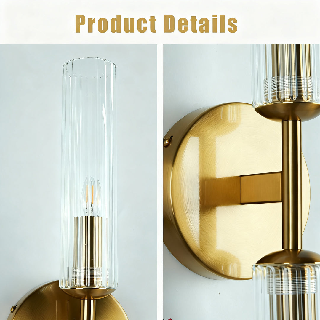 Antique Bronze Double Tube Sconce with Ribbed Glass Shades and Cylindrical Design for Durable Indoor Lighting
