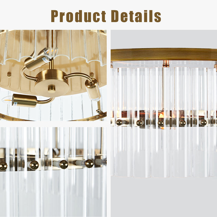 Luminous Steel Craft Flush Mount - Hand-Blown Cut Crystal Glass Shade with Optical Illumination and Tumbled Brass Finish for for Bedroom, Living Room, Dining Room