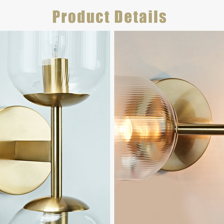 Antique Bronze Double Sconce with Ribbed Glass Shades and Bell-Shaped Design for Durable Indoor Lighting