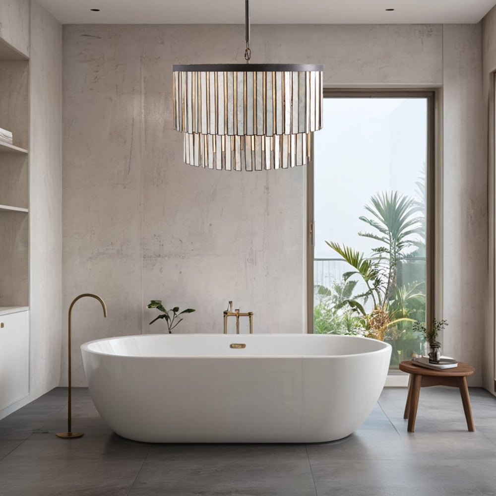 Coastal Astrid Capiz Round Chandelier perfect for a formal dining room, inspired bedroom or casual breakfast nook