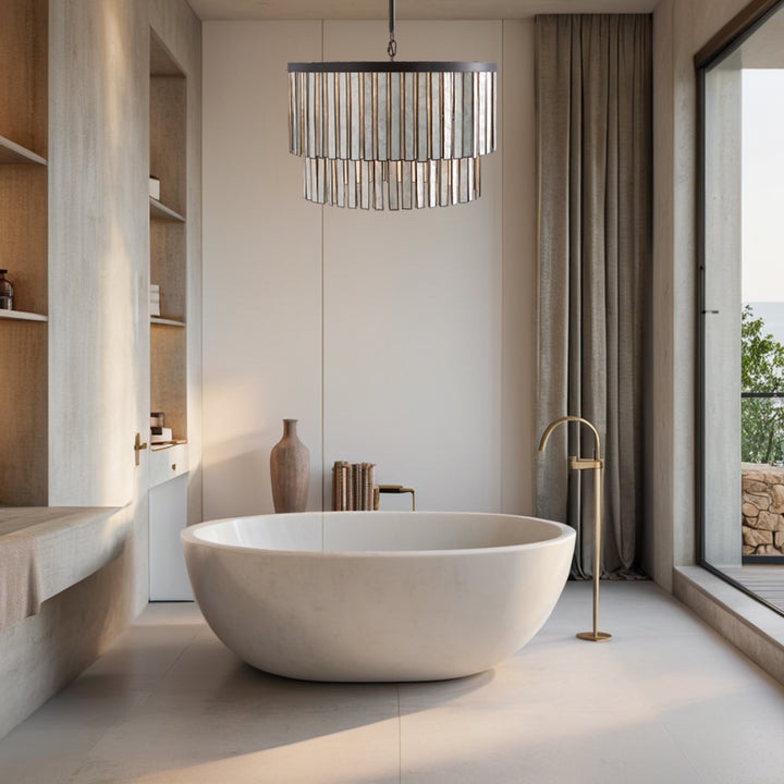 Coastal Astrid Capiz Round Chandelier perfect for a formal dining room, inspired bedroom or casual breakfast nook