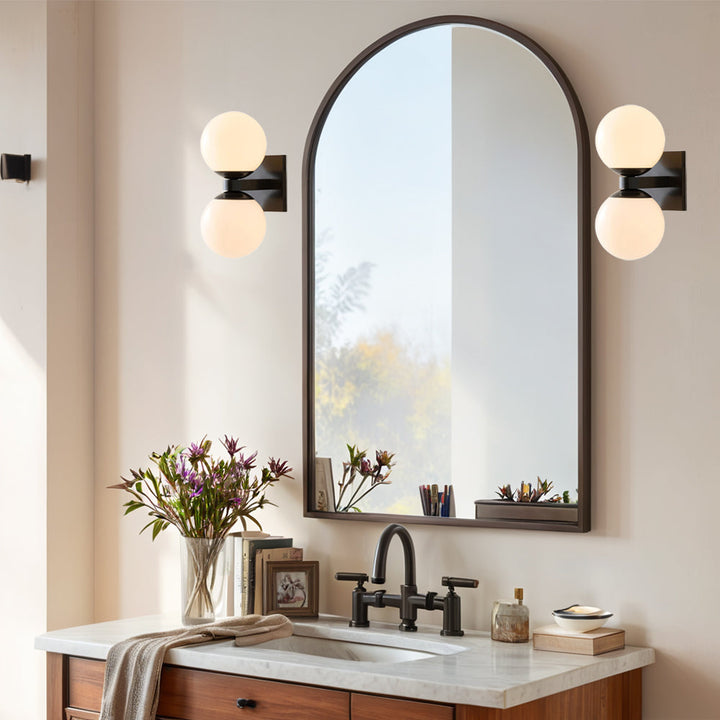 Globe Shade Matte Finish with Brass accents Double Light Sconce-Blown glass and steel frame for Bathroom, Outdoor