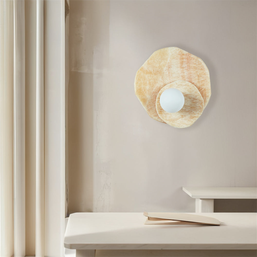 Opaline Cream Sculpture Wall Sconce: Natural Cream Onyx with Opaque White Glass Globe Bulb, Sculptural Design for Living Room, Bathroom, or Bedroom Wall Lighting