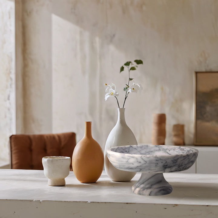 White Marble Fruit Bowl with Grey Veining and Pedestal Base - Elegant Addition for Kitchen and Dining Room Marble Supplies